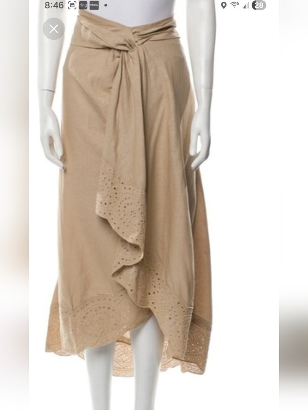 Jason Wu Linen Blend Beige Tie-Waist Eyelet Midi Skirt